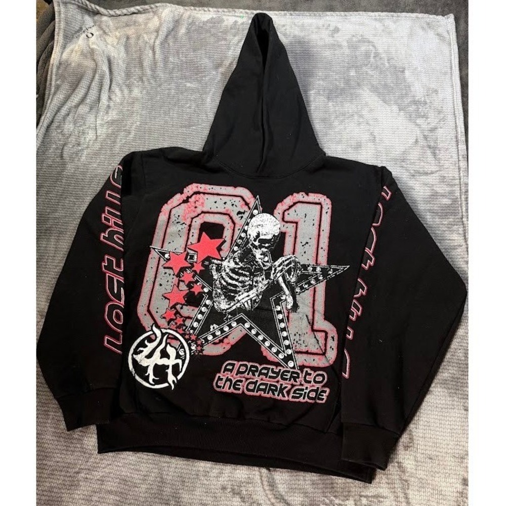 Lost Hills A Prayer to the Dark Side Skeleton Hoodie Black Mens Large Y2K Style